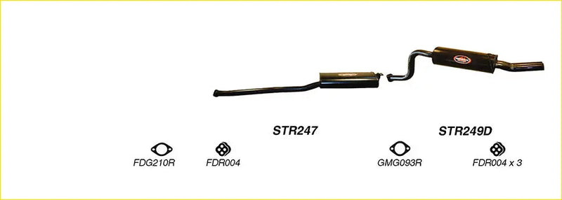 Black redback performance exhaust system for ford falcon showing back side with central muffler and curved tailpipe