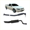 Black Redback performance exhaust system components for white Ford Falcon 09 2002 back side view