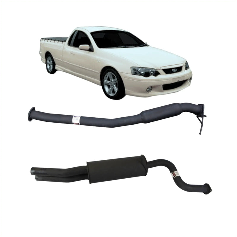 Black Redback performance exhaust system components for white Ford Falcon 09 2002 back side view