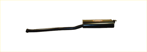 Black metallic exhaust pipe with cylindrical muffler and curved tailpipe shown from the back for redback performance exhaust system ford falcon 09 2002