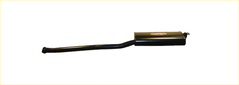 Black metallic exhaust pipe with cylindrical muffler and curved tailpipe shown from the back for redback performance exhaust system ford falcon 09 2002