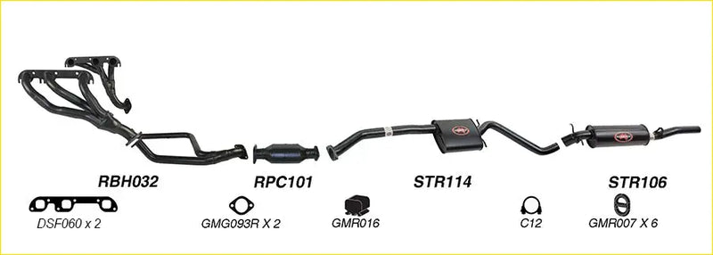 Black redback performance exhaust system for holden calais with catalytic converter and red logo accents on mufflers