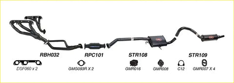 Black aftermarket Redback performance exhaust system with catalytic converter and red logo on muffler for Holden Calais