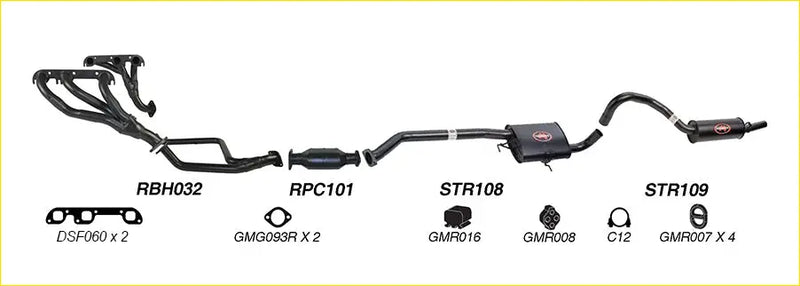 Black aftermarket Redback performance exhaust system with catalytic converter and red logo on muffler for Holden Calais
