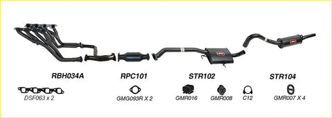 Black aftermarket Redback performance exhaust system with catalytic converter and red logo accents for Holden Calais back side