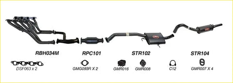 Black redback performance exhaust system with central catalytic converter and dual header pipes for holden calais back side