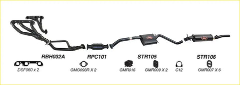 Black redback performance exhaust system with catalytic converter and red logo for holden calais back view
