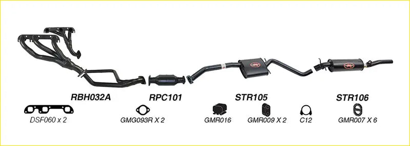 Black redback performance exhaust system with catalytic converter and red logo for holden calais back view