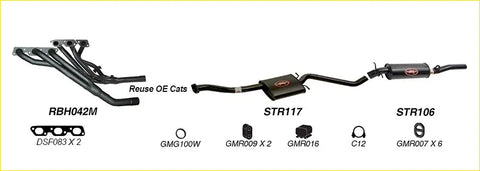 Black aftermarket Redback performance exhaust system for Holden Caprice with labeled parts rbh042m str117 str106