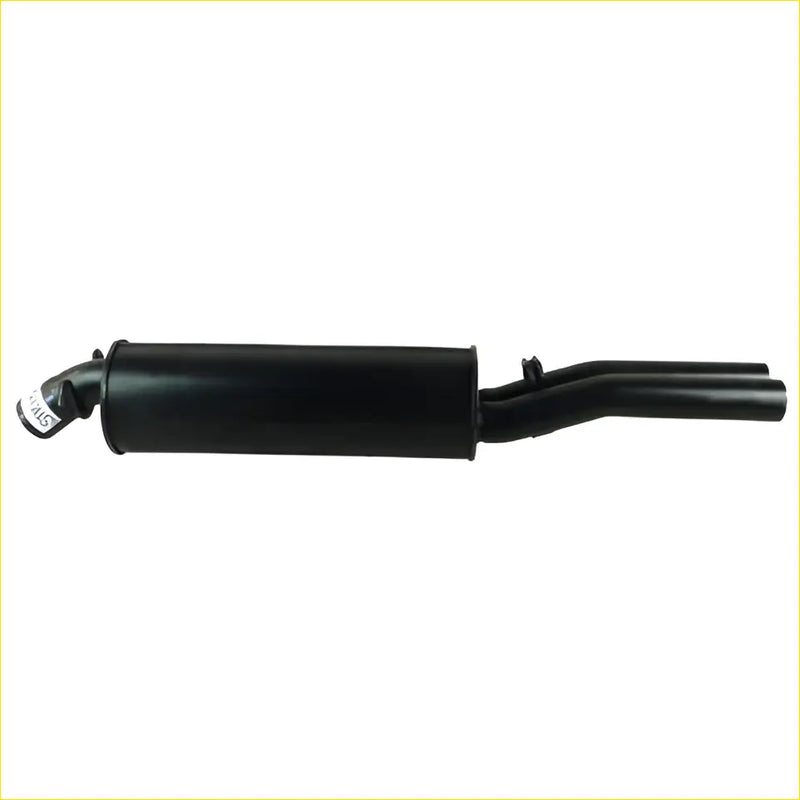 Black metal exhaust pipe with matte finish and dual outlet design for redback performance exhaust system holden caprice back side