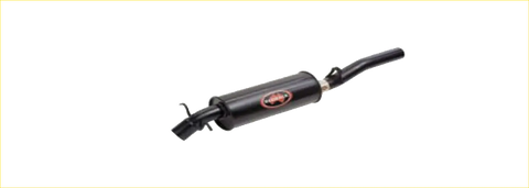 Black cylindrical exhaust muffler with red logo on side part of redback performance exhaust system for holden caprice