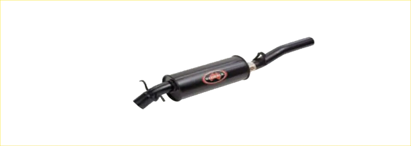 Black cylindrical exhaust muffler with red logo on side part of redback performance exhaust system for holden caprice