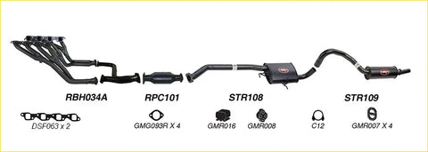 Black redback performance exhaust system for holden commodore with headers catalytic converters and mufflers visible from back side