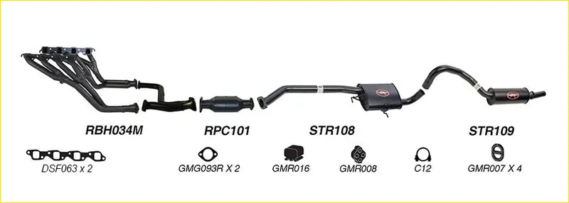 Black redback performance exhaust system showing header catalytic converter and muffler for holden commodore