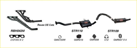 Black exhaust manifold and catalytic converter with red logo accents for redback performance exhaust system on holden commodore