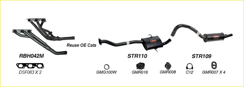 Black exhaust manifold and catalytic converter with red logo accents for redback performance exhaust system on holden commodore