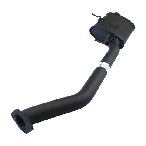 Black metal exhaust pipe with curved design and rectangular muffler housing for redback performance exhaust system backside