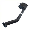 Black metal exhaust pipe with curved design and rectangular muffler housing for redback performance exhaust system for holden commodore back side view