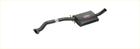 Black redback performance exhaust system for holden commodore with red logo on rectangular housing back view