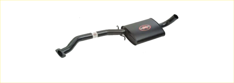 Black redback performance exhaust system for holden commodore with red logo on rectangular housing back view