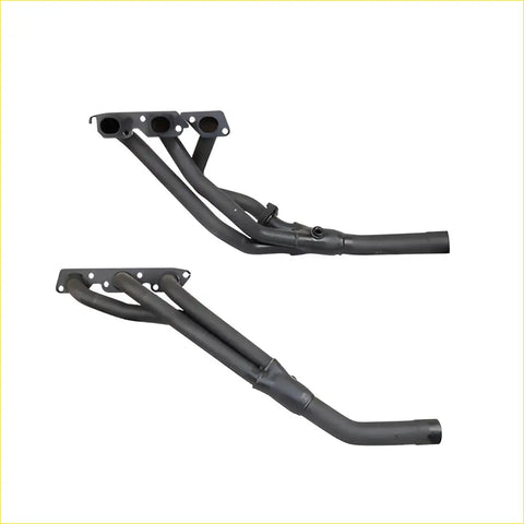 Black metal exhaust manifolds with matte finish and four cylindrical inlets for redback performance exhaust system