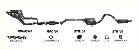 Black aftermarket Redback performance exhaust system with catalytic converter and red logo on muffler for Holden Commodore