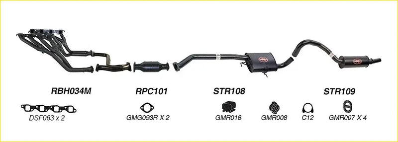 Black aftermarket Redback performance exhaust system with catalytic converter and red logo on muffler for Holden Commodore