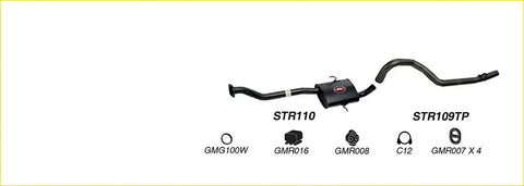 Black curved pipe exhaust system with central muffler housing showing back side for redback performance commodore