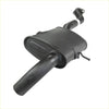 Black metal rectangular housing with curved pipes showing back side of redback performance exhaust system for holden commodore