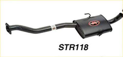 Black Redback performance exhaust system with rectangular muffler and red logo for Holden Commodore back side view