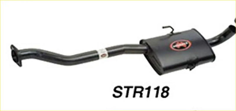 Black Redback performance exhaust system with rectangular muffler and red logo for Holden Commodore back side view