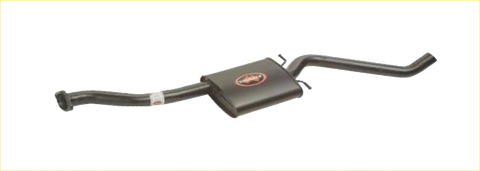 Black redback performance exhaust system for holden commodore with red logo and curved metal pipes shown from back side