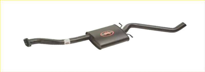 Black redback performance exhaust system for holden commodore with red logo and curved metal pipes shown from back side