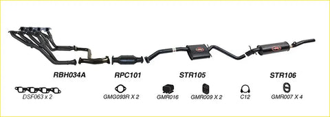 Black redback performance exhaust system with catalytic converter and red logo accents for holden commodore shown from back