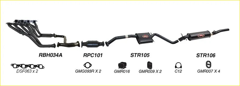 Black redback performance exhaust system with catalytic converter and red logo accents for holden commodore shown from back