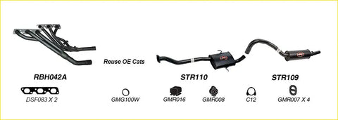 Black exhaust manifold and catalytic converter system with labeled parts for redback performance upgrades on holden commodore