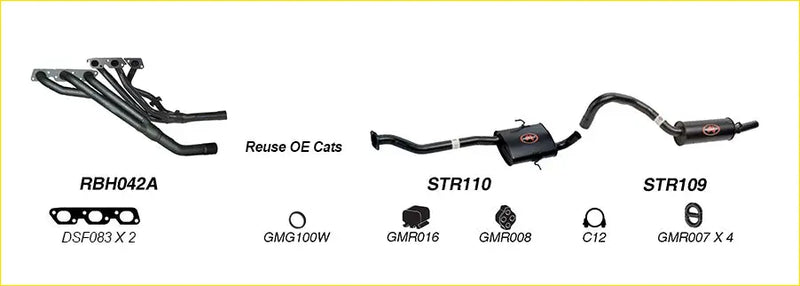 Black exhaust manifold and catalytic converter system with labeled parts for redback performance upgrades on holden commodore