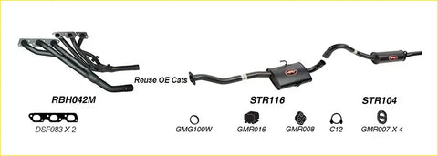 Black metal redback performance exhaust system for holden commodore with rbh042m str116 and str104 parts labeled