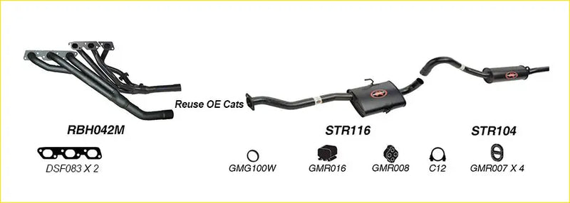 Black metal redback performance exhaust system for holden commodore with rbh042m str116 and str104 parts labeled