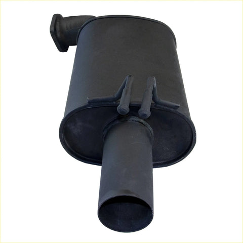 Black metal exhaust muffler with cylindrical body and two side pipes shown from the back for redback performance exhaust system for holden commodore 07 2006