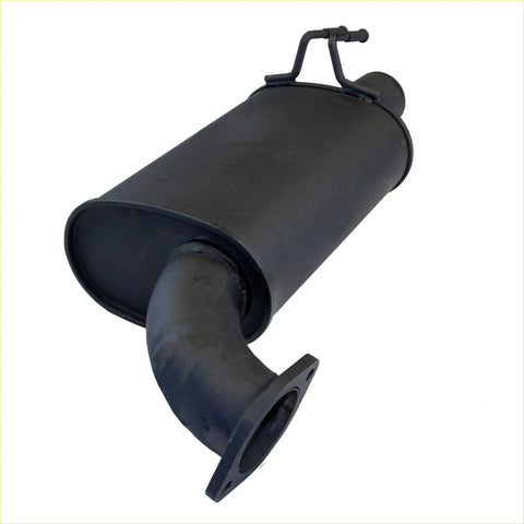 Black cylindrical exhaust muffler with curved inlet pipe and bracket for redback performance system holden commodore 2006