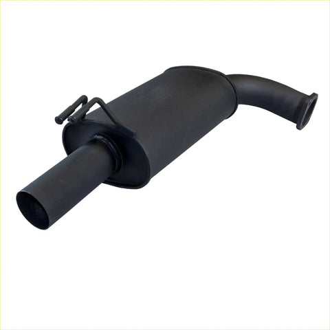 Black matte finished exhaust muffler with curved outlet pipe and brackets for redback performance exhaust system holden commodore