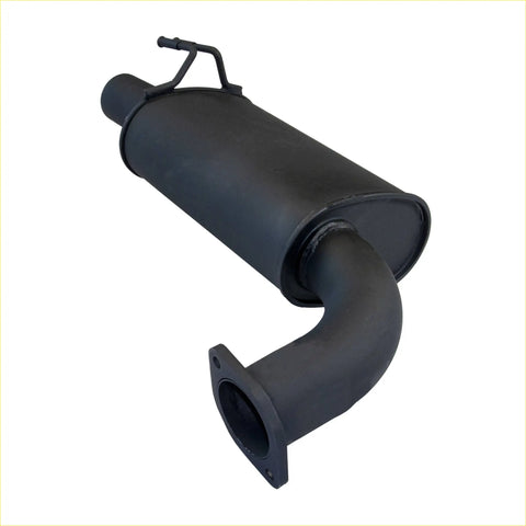 Black metal exhaust muffler with curved pipe and bracket from redback performance for holden commodore 07 2006 back view