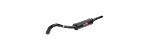 Black metal exhaust pipe with red logo on cylindrical section of redback performance exhaust system for holden commodore back side