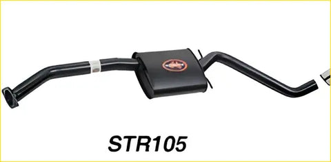Black Redback performance exhaust system for Holden Commodore with rectangular muffler and curved pipes showing back side
