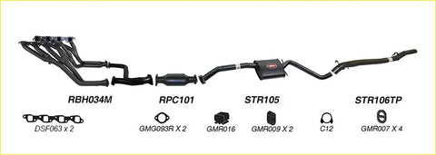 Black metal redback performance exhaust system with central catalytic converter and pipes for holden commodore back view