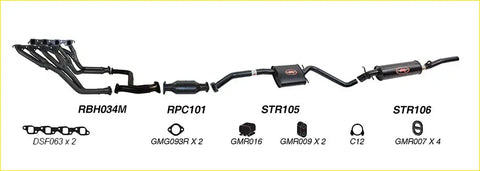 Black Redback performance exhaust system with catalytic converter and resonator for Holden Commodore shown from back side
