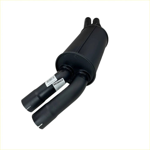 Black redback performance exhaust system for holden commodore showing dual pipes and cylindrical housing from back side
