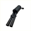 Black dual-exhaust muffler with cylindrical housing for redback performance exhaust system on holden commodore back side