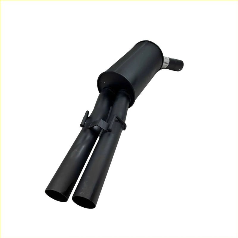 Black dual-exhaust muffler with cylindrical housing for redback performance exhaust system on holden commodore back side